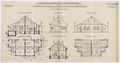 858542 Doorsneden, opstanden en plattegronden van de woningen van de ladingmeesters van het S.S.-station Baarle-Nassau ...
